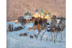 Пейзаж с церквями. 1920, картон, масло 34,5х42
