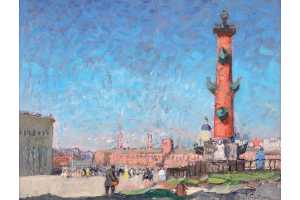 Пейзаж с ростральной колонной на фоне домов. 1922, картон, масло 21.8х28.8